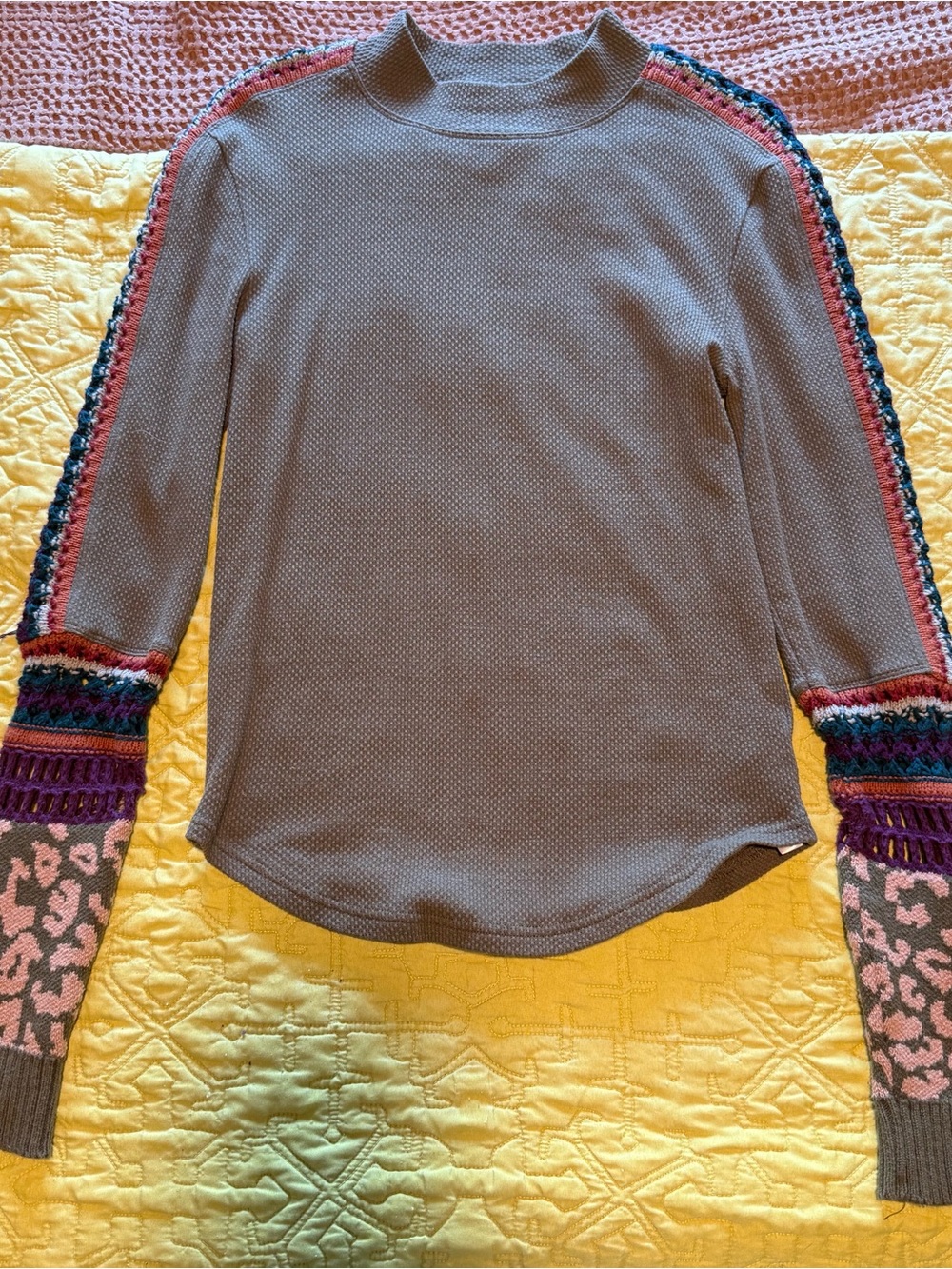 Free People green Waffle Knit Mock Neck Top with Multicolor Crochet Sleeves